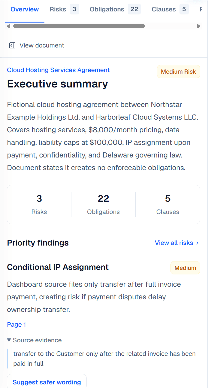 Document overview showing a plain-language summary and recommended next steps