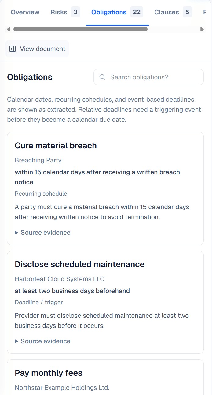 Obligations and due dates extracted from the document