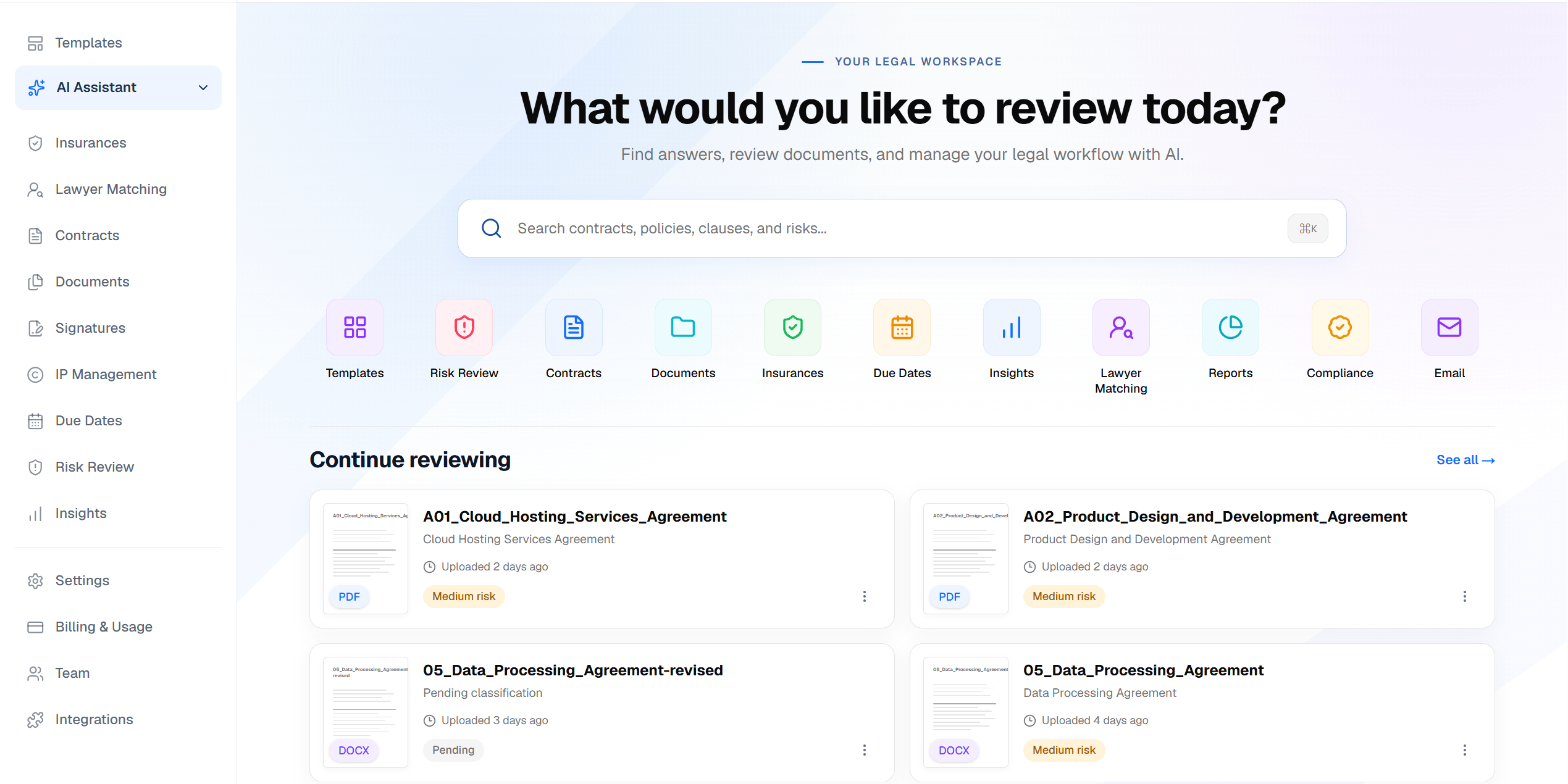 LegallyBinding.AI legal workspace showing documents, AI assistance, signatures, and legal tools