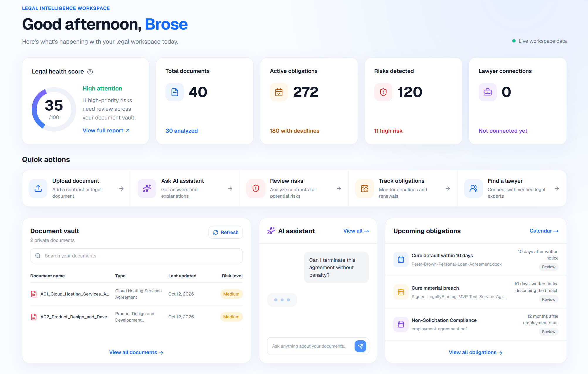 LegallyBinding.AI Insights dashboard showing legal health, documents, risks, obligations, and AI assistance